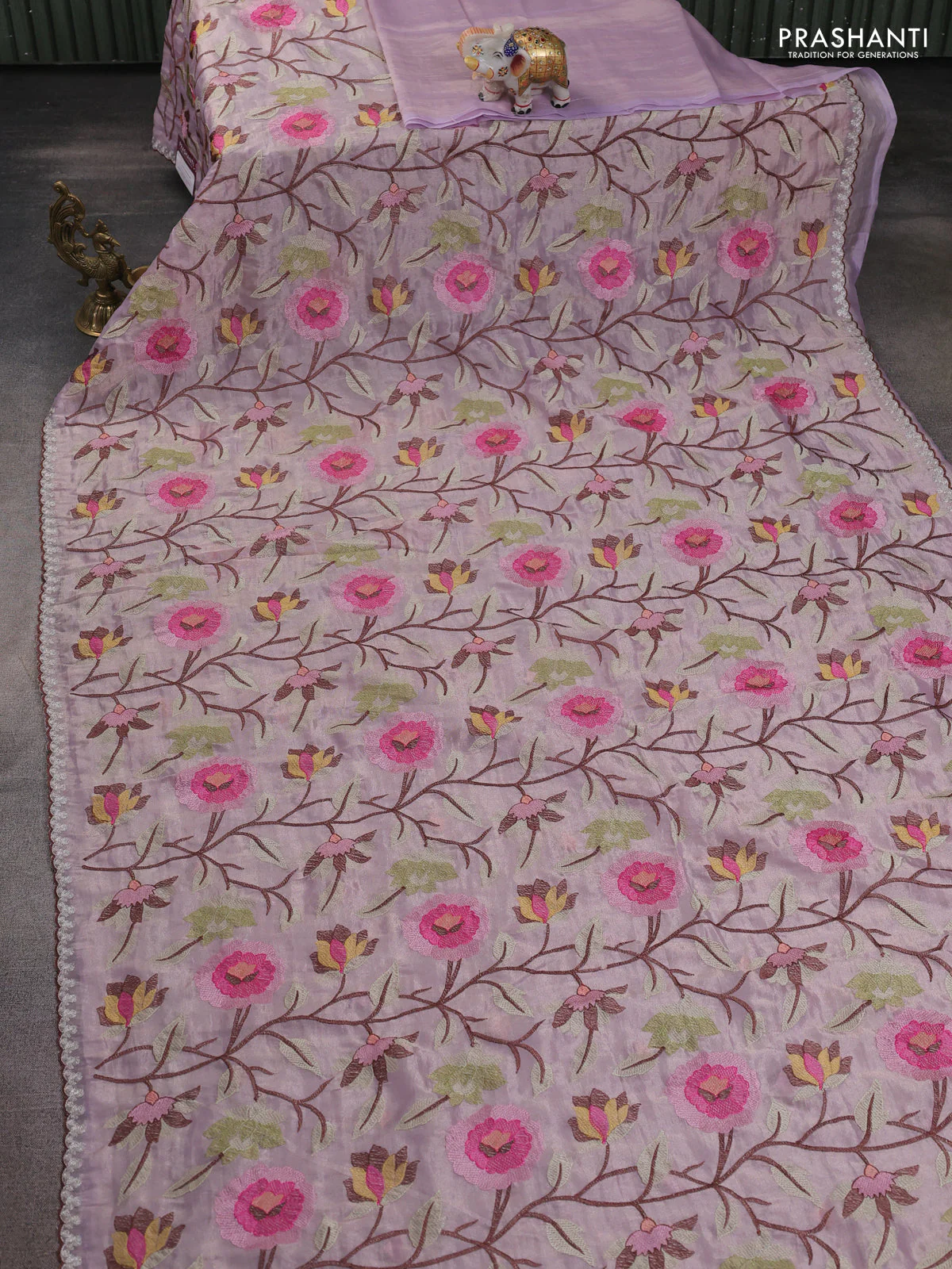 Tissue organza saree mild lavender with floral embroidery work - Image 2