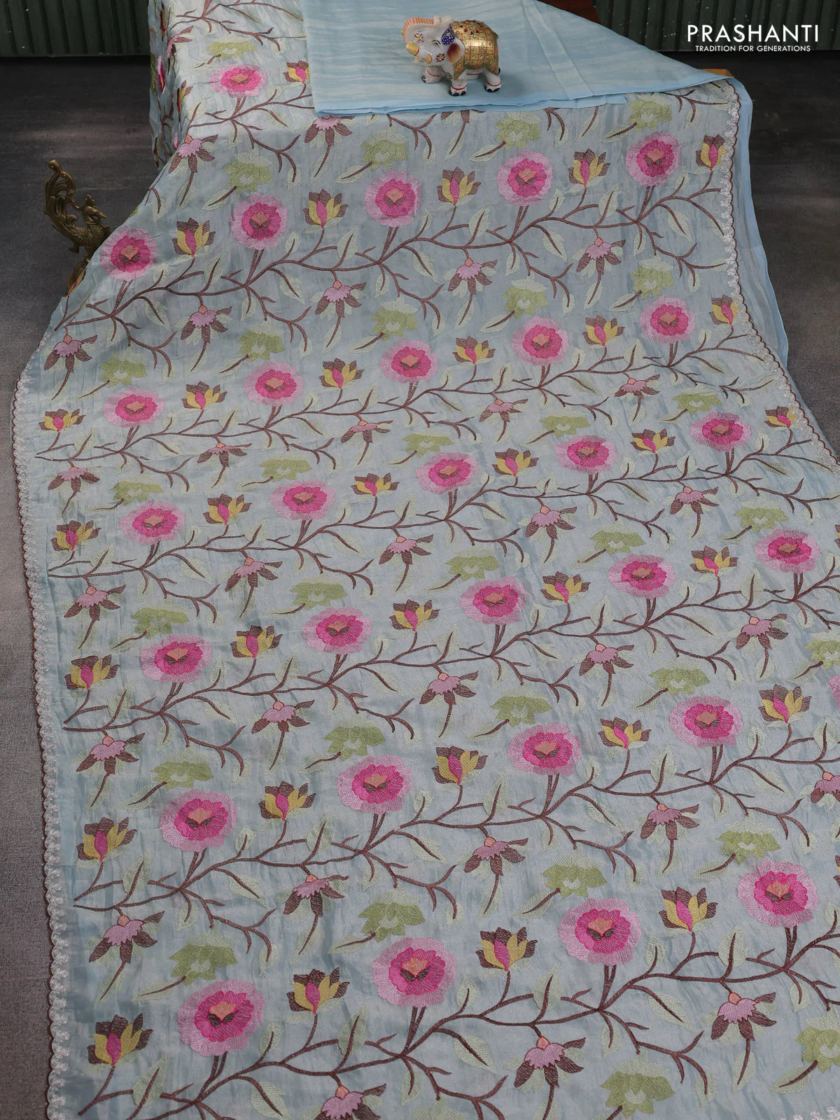 Tissue organza saree pastel blue with floral embroidery work - Image 2