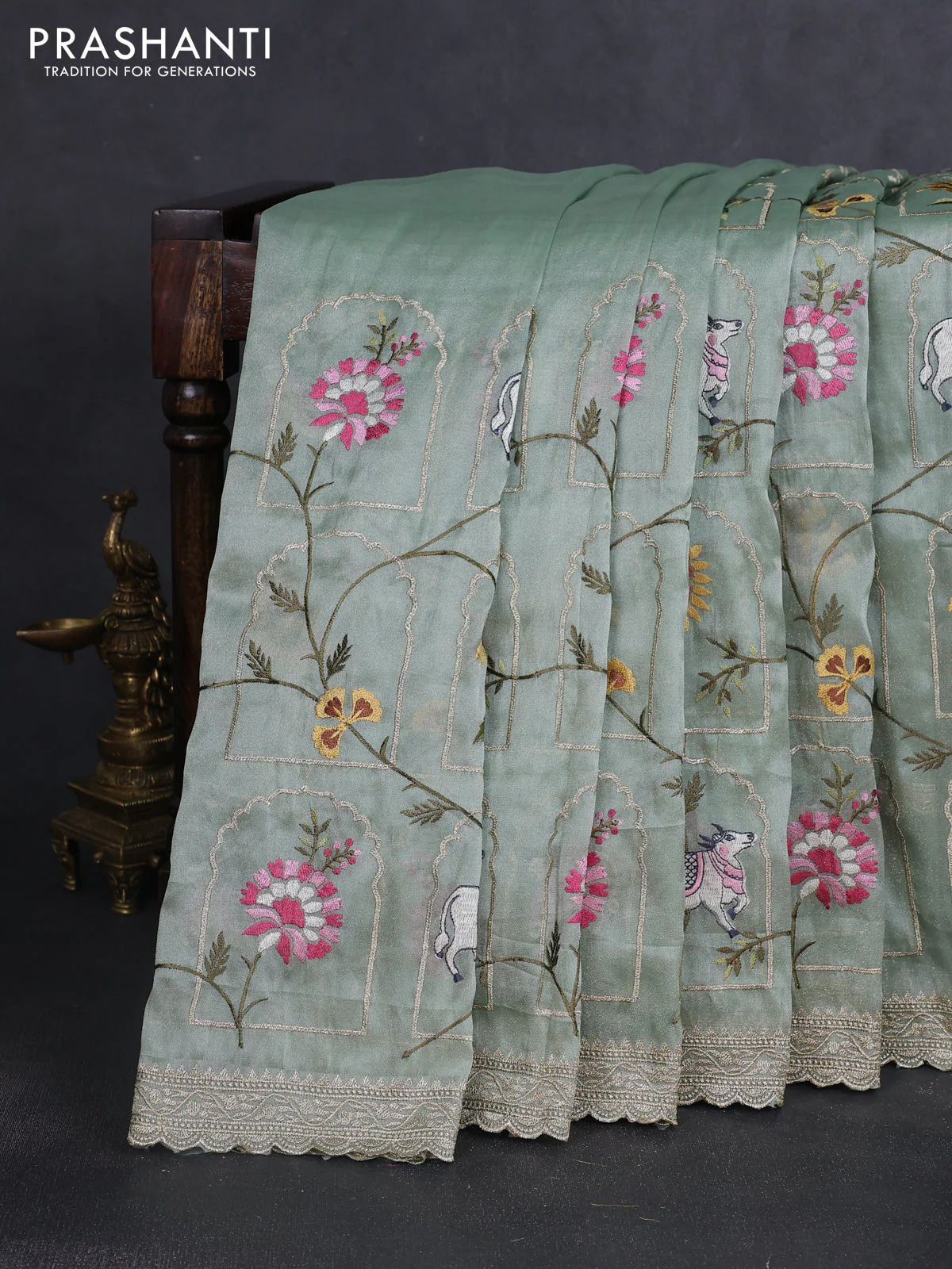 Tissue organza saree pastel green with allover pichwai embroidery work