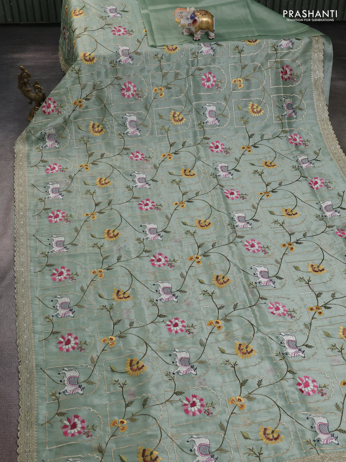 Tissue organza saree pastel green with allover pichwai embroidery work - Image 2