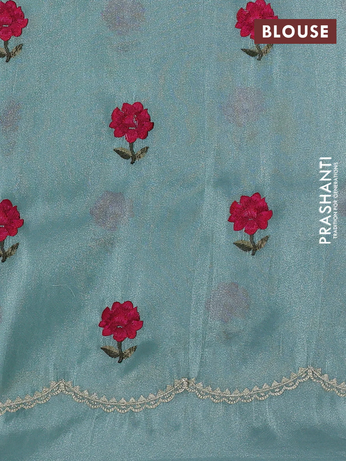 Tissue organza saree pastel green with plain body and floral embroidery border - Image 3