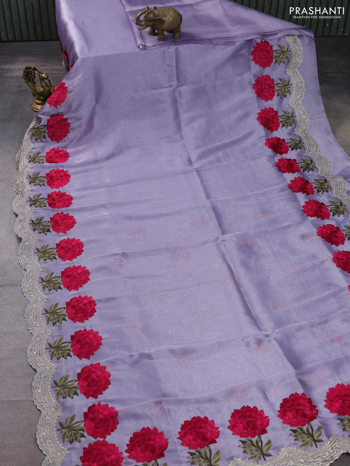 Tissue organza saree pastel lavender with plain body and floral embroidery border - Image 2
