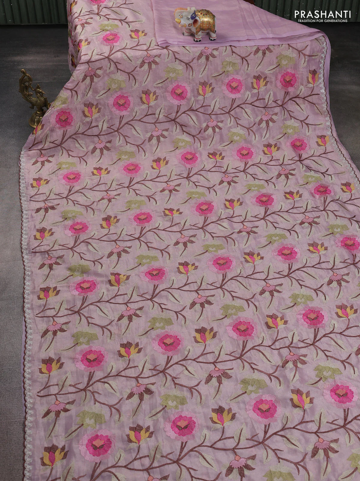 Tissue organza saree pastel pink with floral embroidery work - Image 2