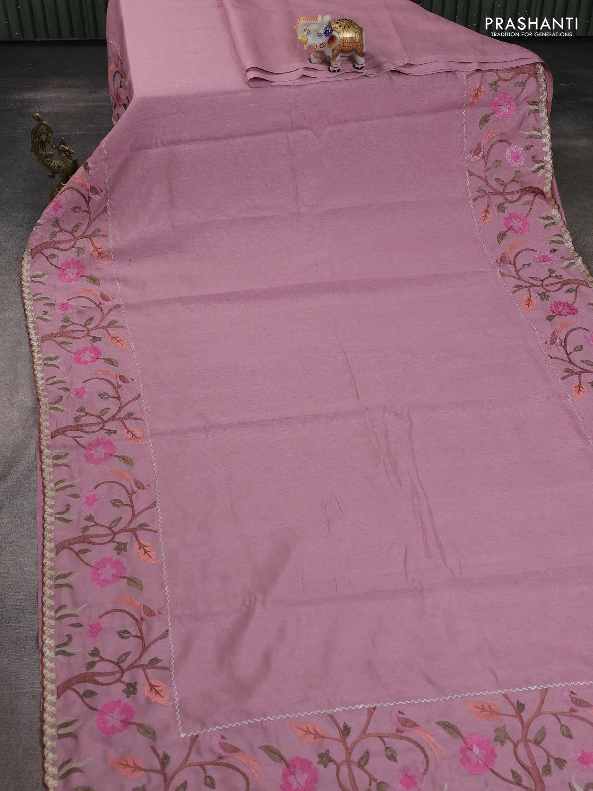 Tissue organza saree pastel pink with plain body and embroidery border - Image 2