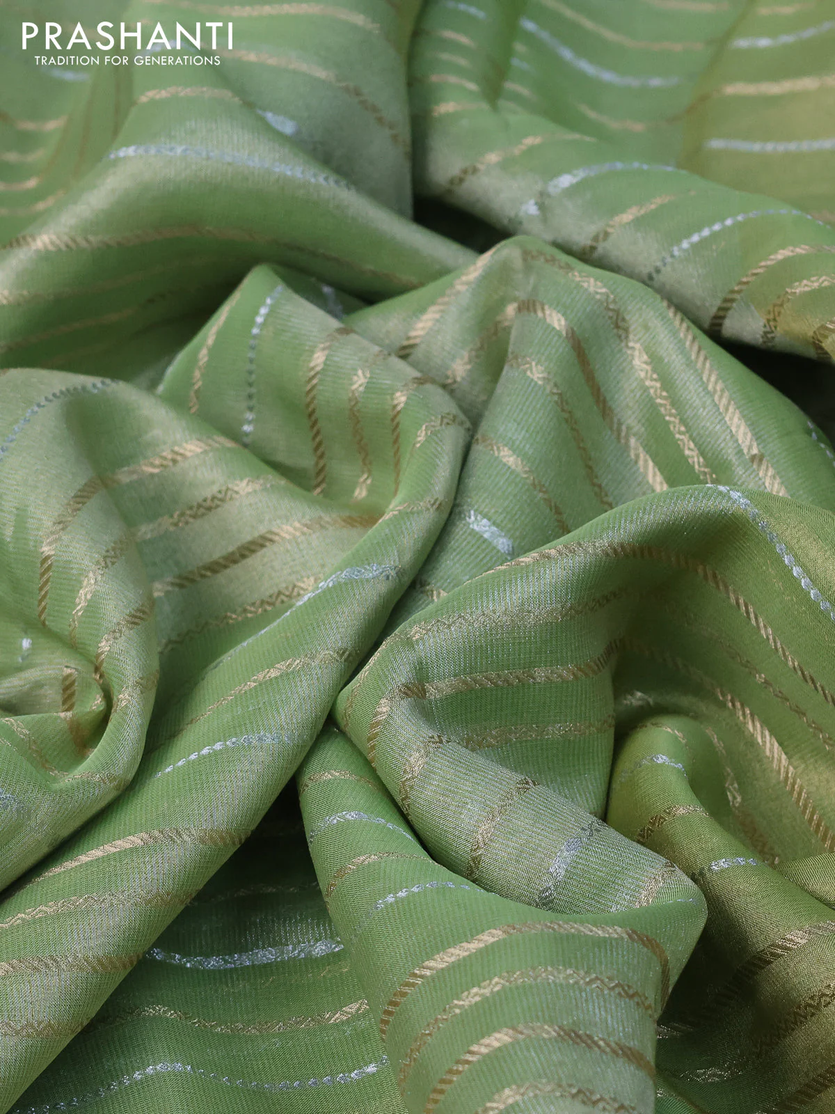 Tissue organza saree pista green with allover silver & gold zari weaves and zari woven border - Image 3