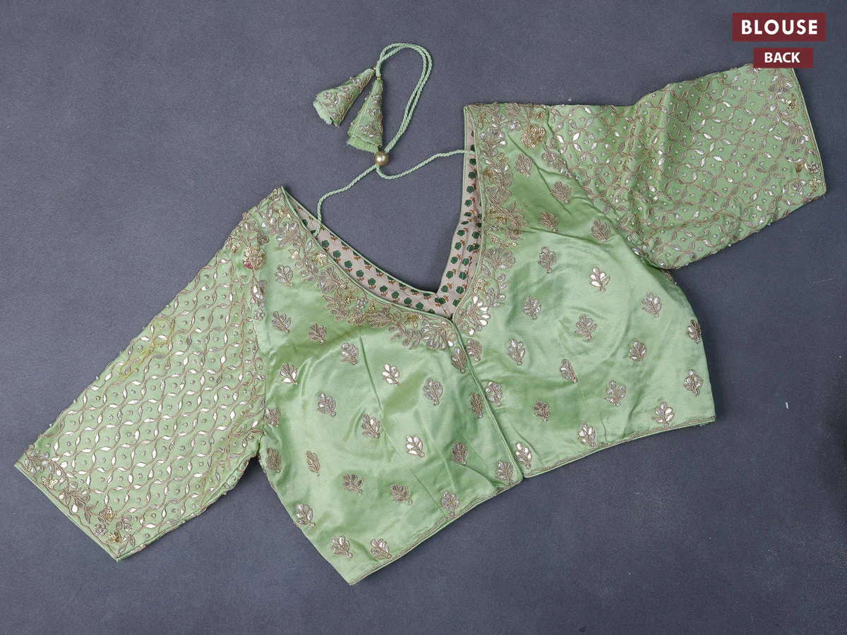 Tissue organza saree pista green with allover silver & gold zari weaves and zari woven border - Image 5