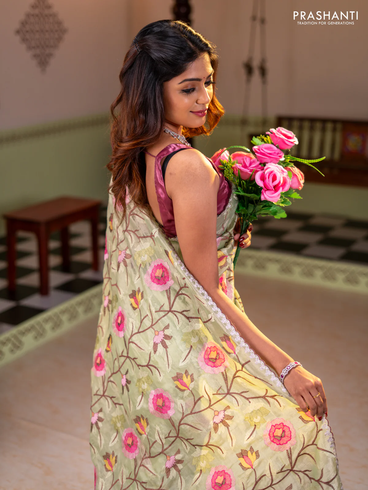 Tissue organza saree pista green with floral embroidery work - Image 2