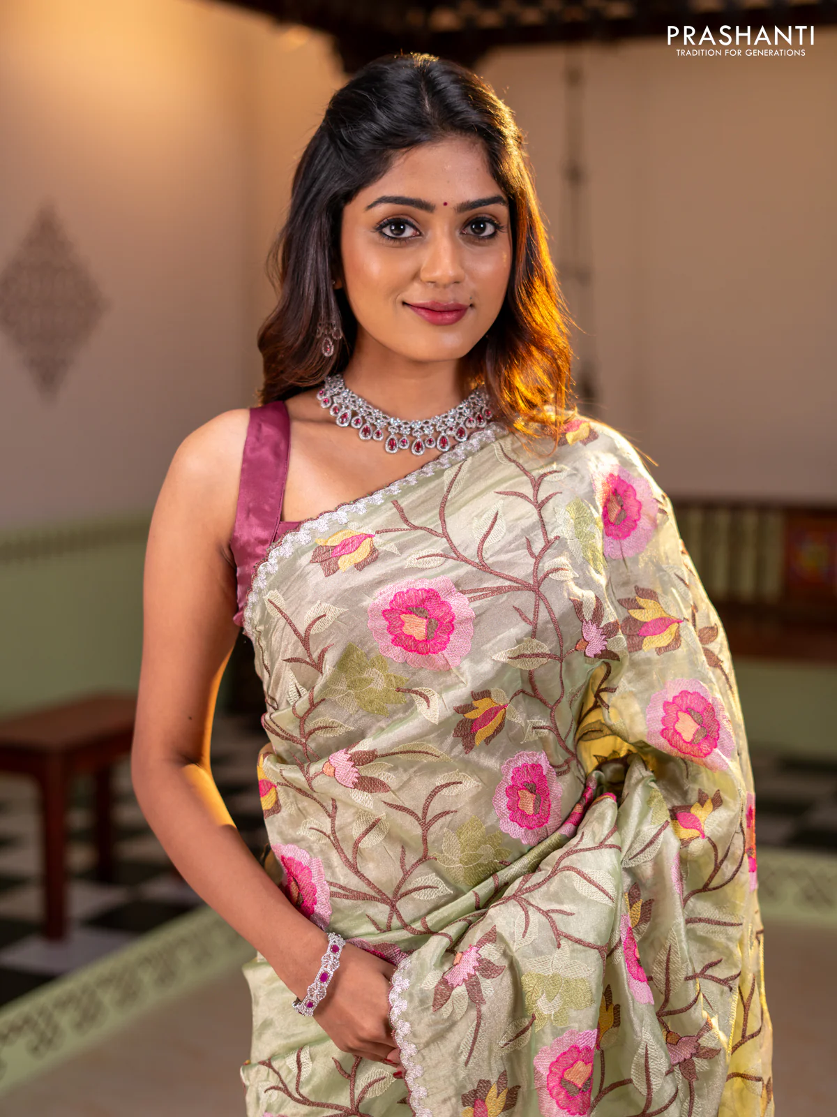 Tissue organza saree pista green with floral embroidery work - Image 3