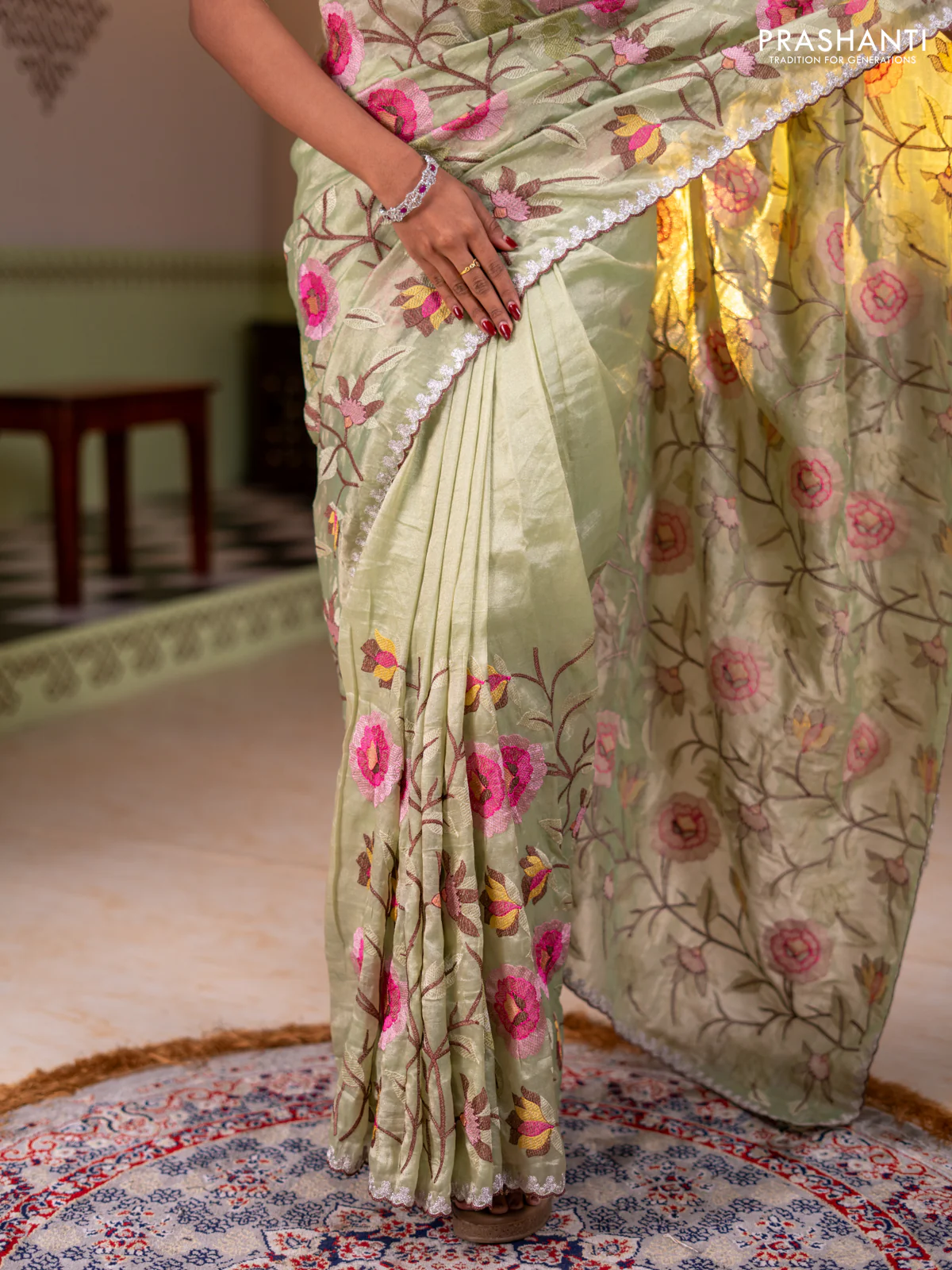 Tissue organza saree pista green with floral embroidery work - Image 4