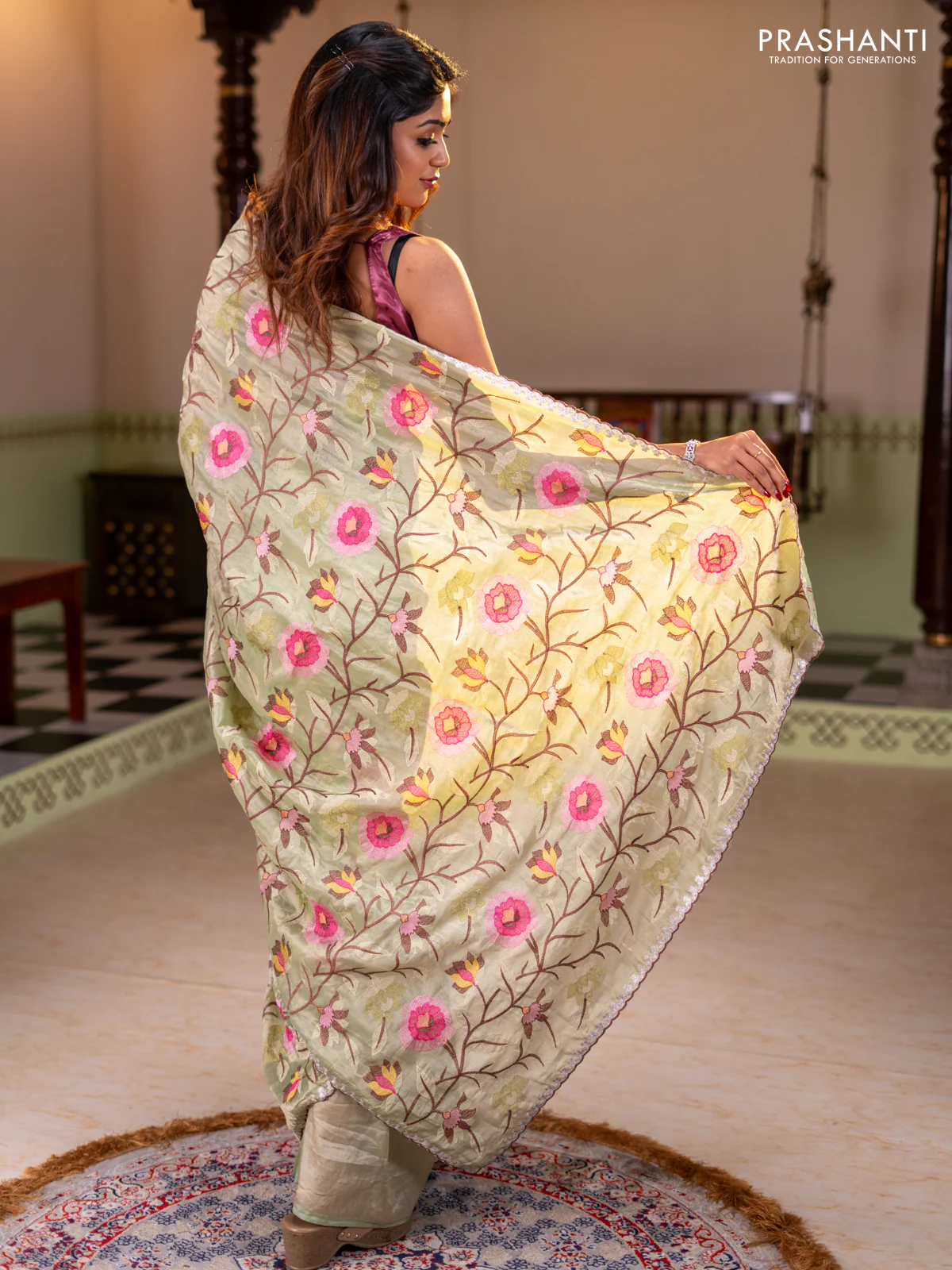 Tissue organza saree pista green with floral embroidery work - Image 5