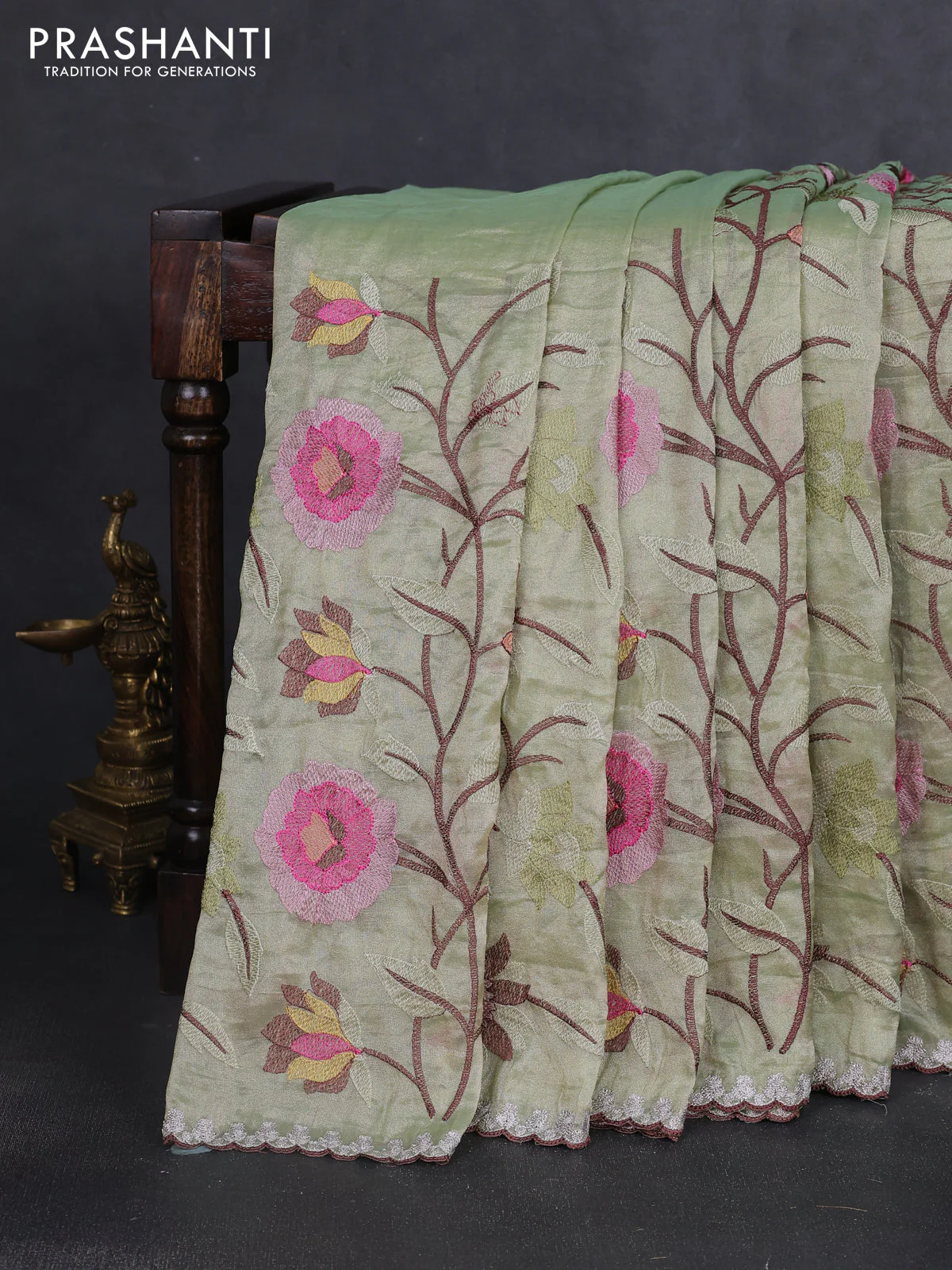 Tissue organza saree pista green with floral embroidery work - Image 6
