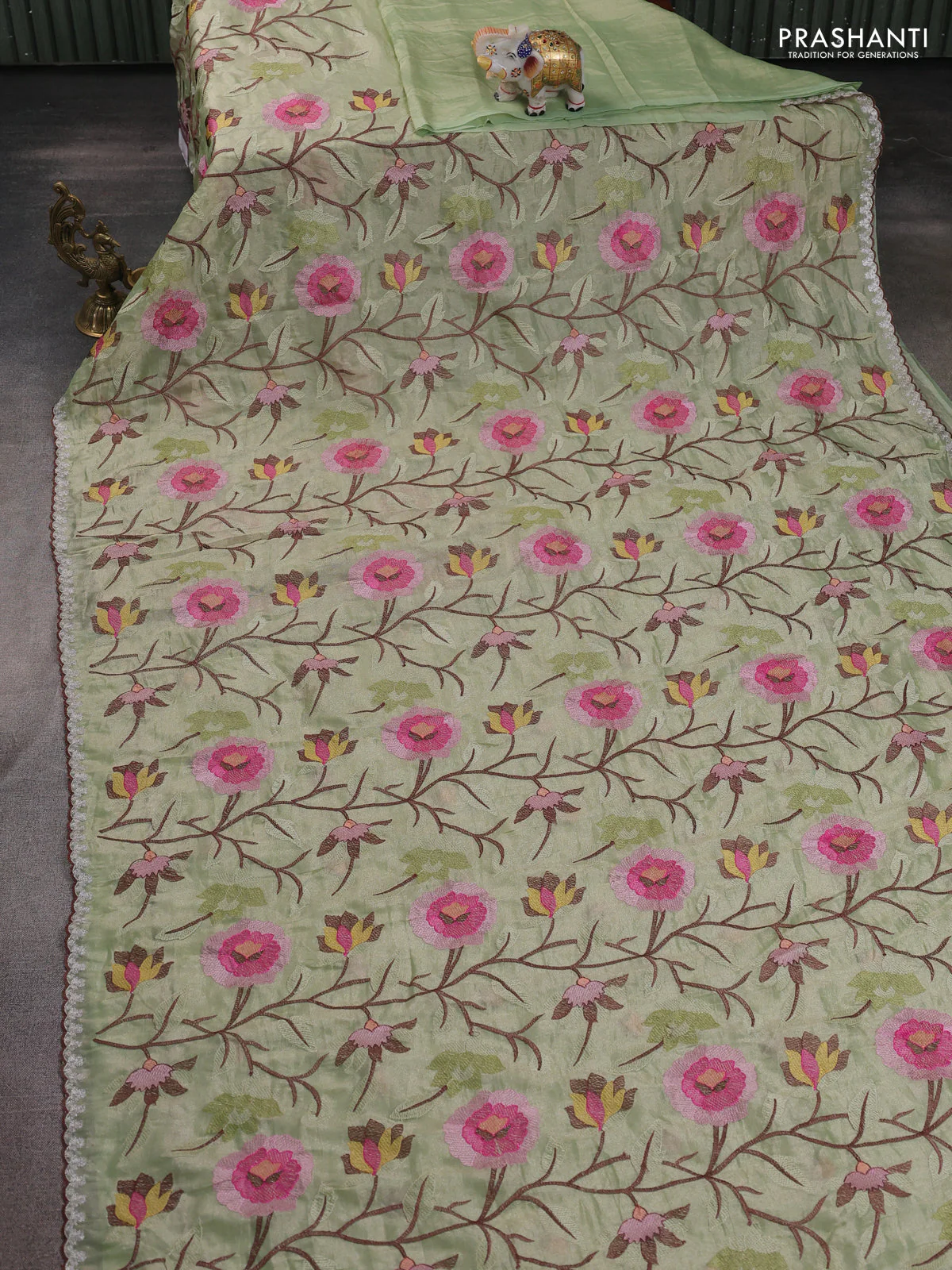 Tissue organza saree pista green with floral embroidery work - Image 7