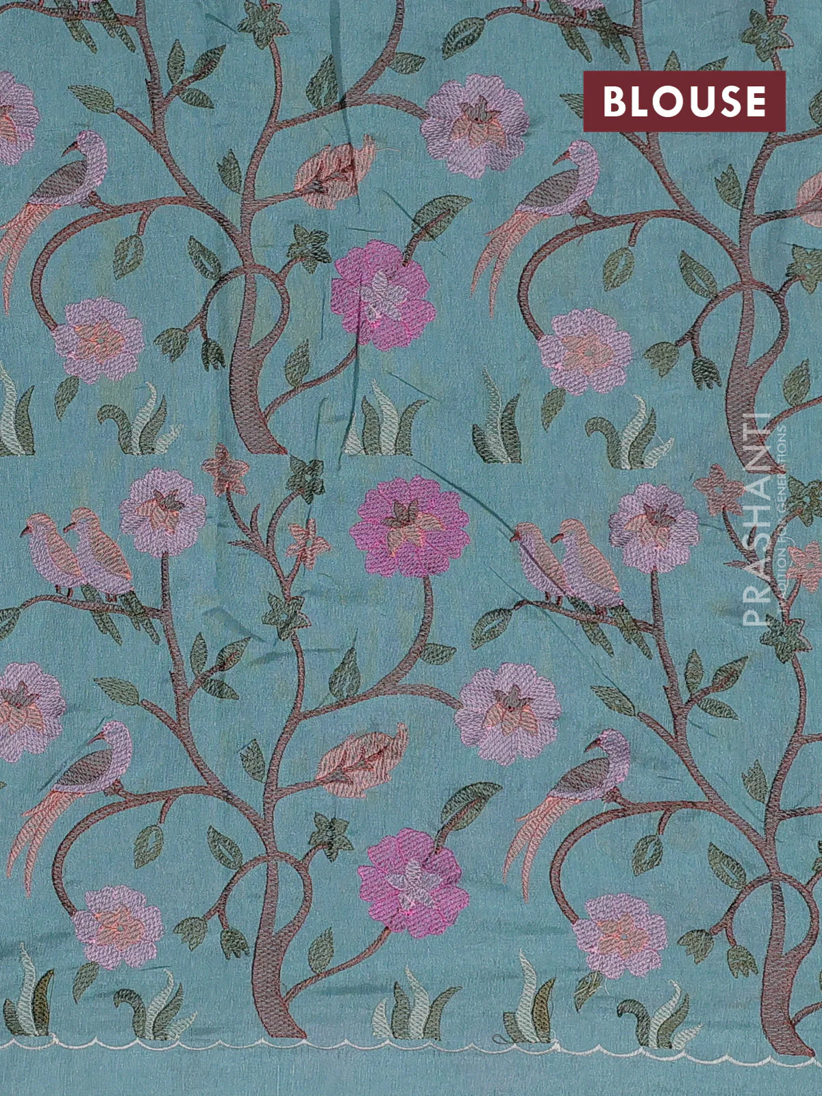 Tissue organza saree teal blue with plain body and embroidery border - Image 3