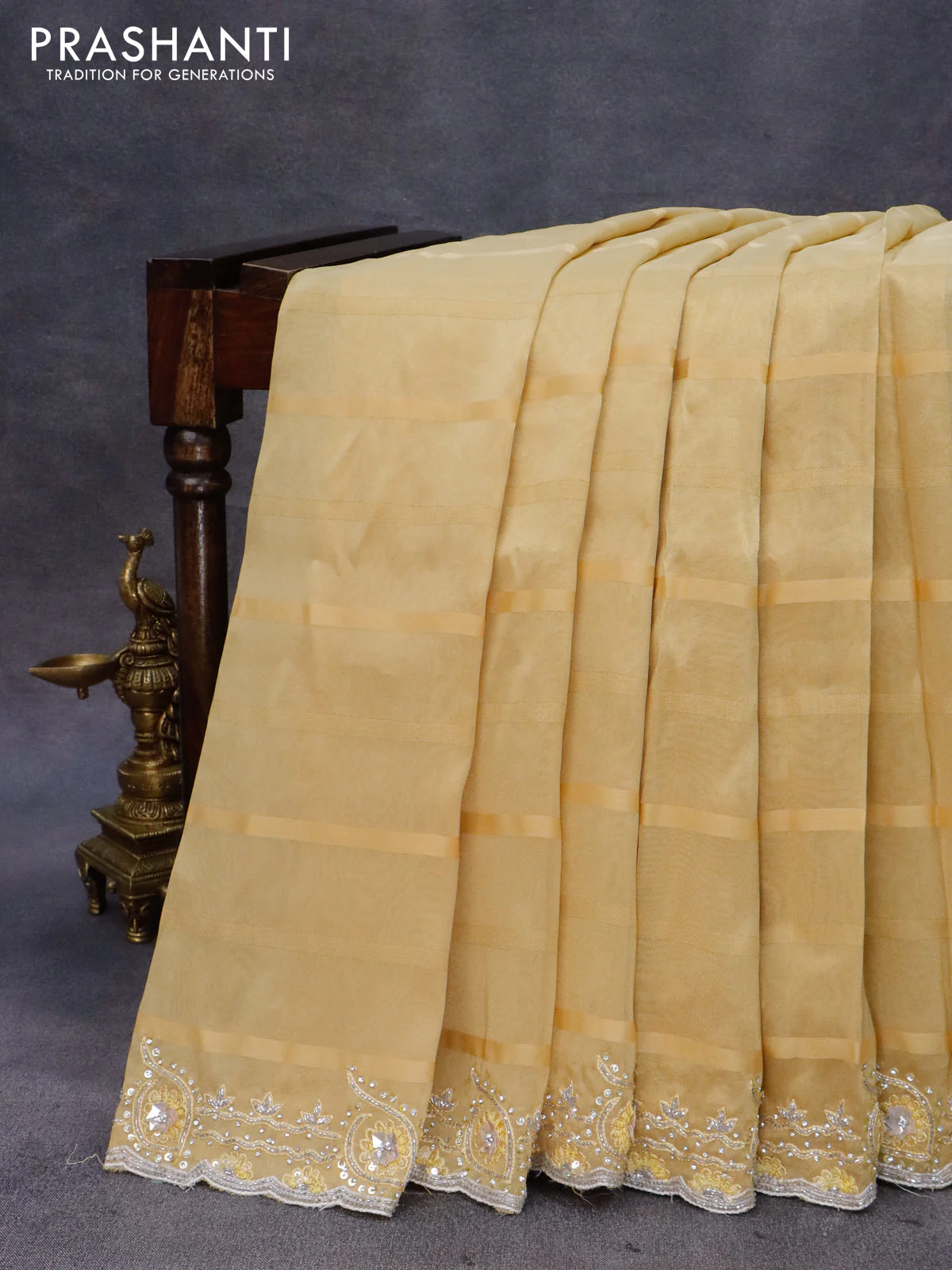 Tissue organza silk saree pale yellow with allover self emboss & zari weaves and beaded work border with sequin work readymade blouse - Image 2
