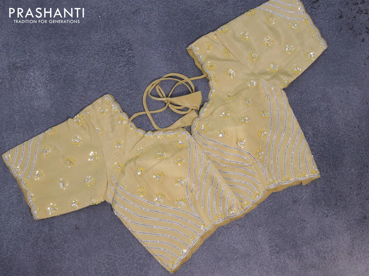 Tissue organza silk saree pale yellow with allover self emboss & zari weaves and beaded work border with sequin work readymade blouse - Image 4