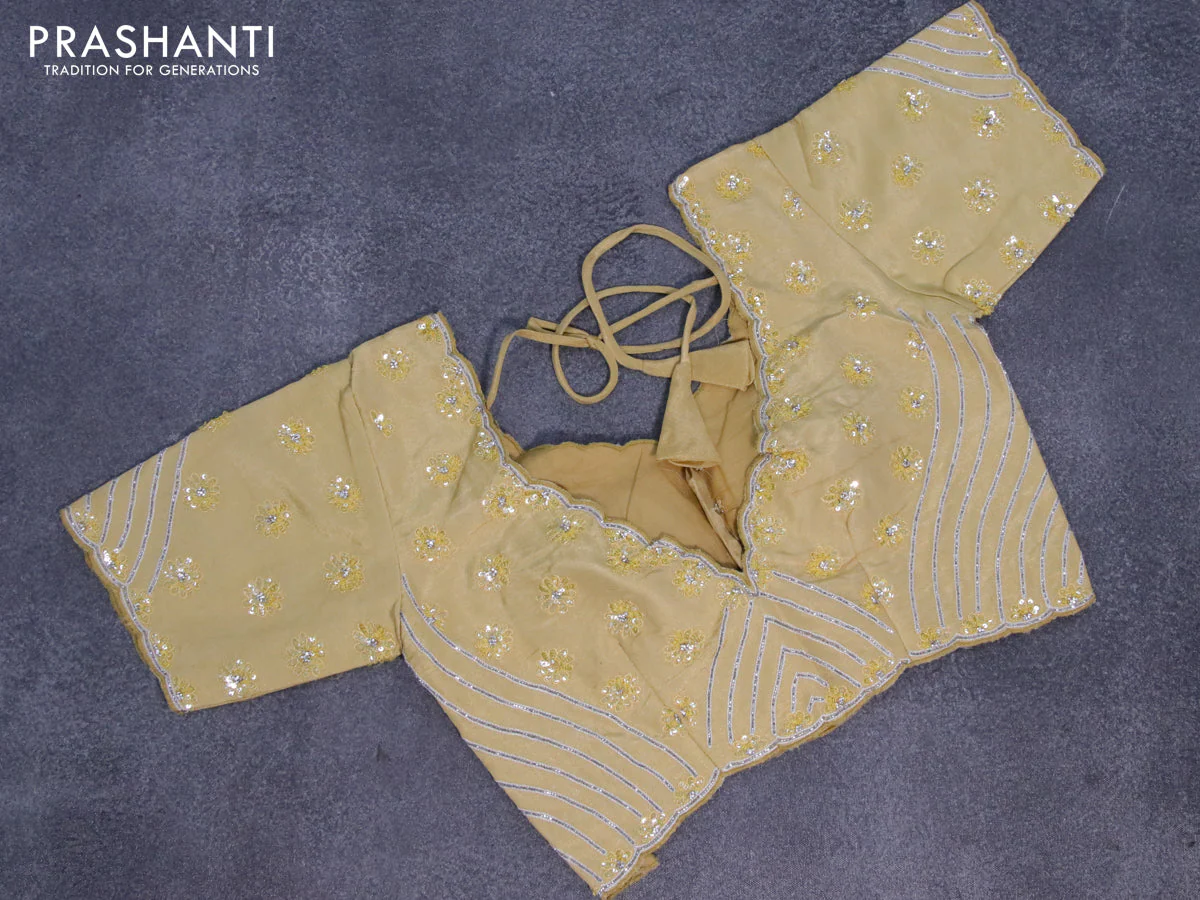 Tissue organza silk saree pale yellow with allover self emboss & zari weaves and beaded work border with sequin work readymade blouse - Image 5