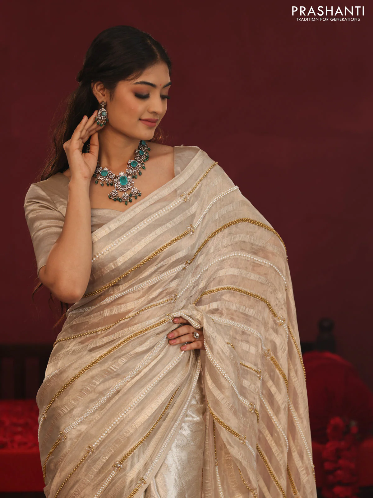 Tissue organza silk saree with allover stripes & embroidery - Image 3