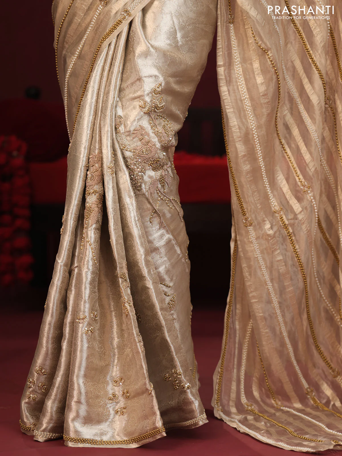 Tissue organza silk saree with allover stripes & embroidery - Image 4