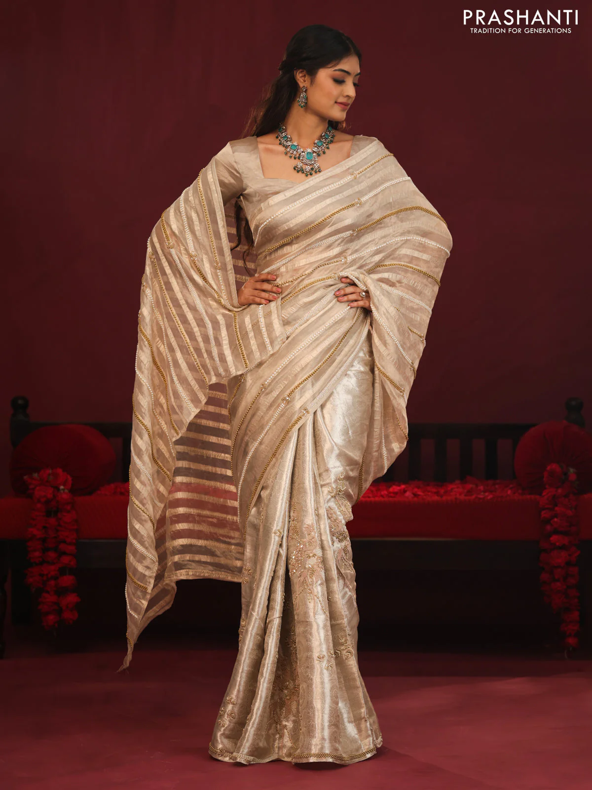 Tissue organza silk saree with allover stripes & embroidery - Image 5
