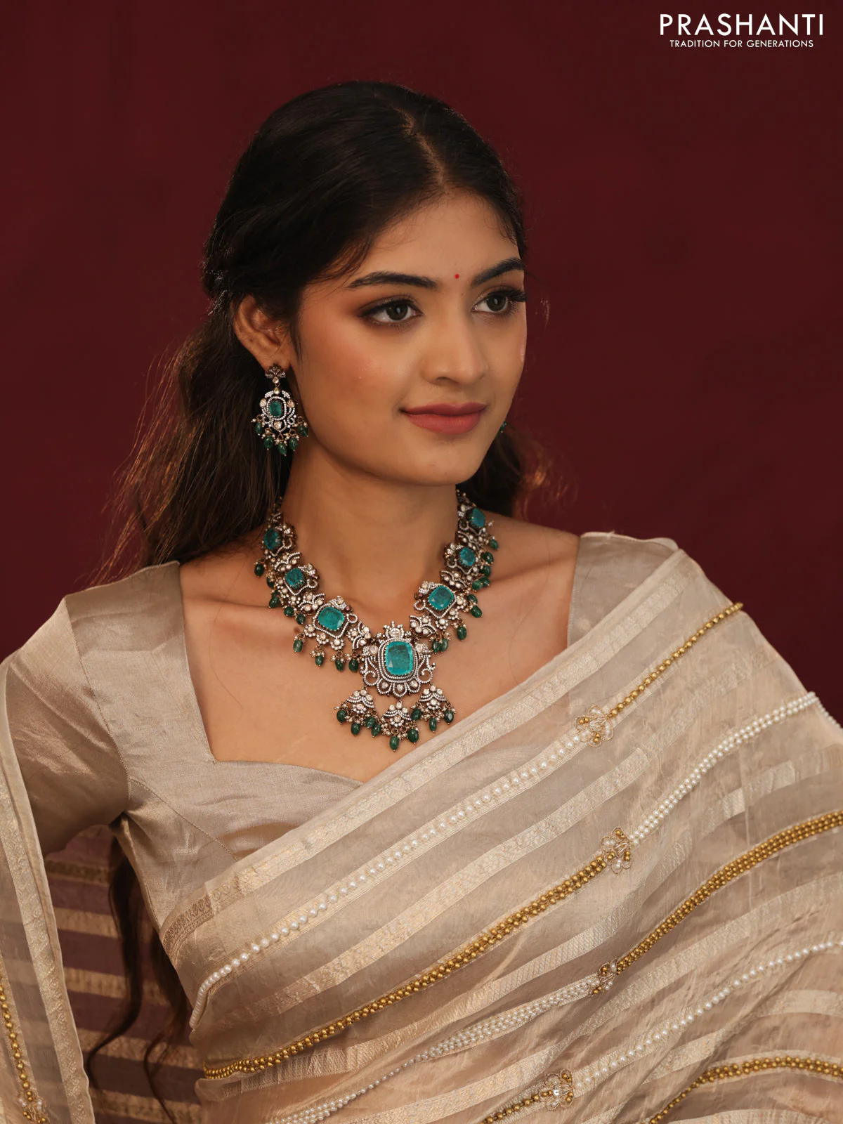 Tissue organza silk saree with allover stripes & embroidery - Image 6