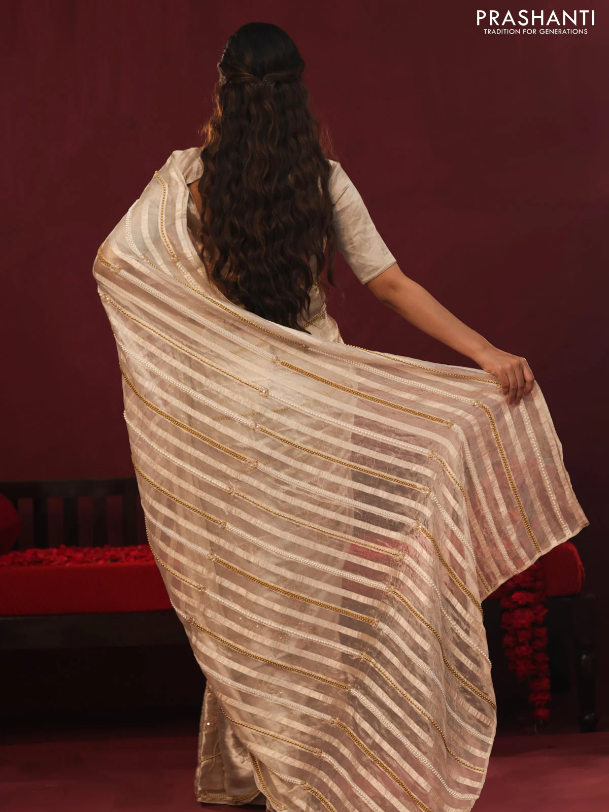 Tissue organza silk saree with allover stripes & embroidery - Image 7