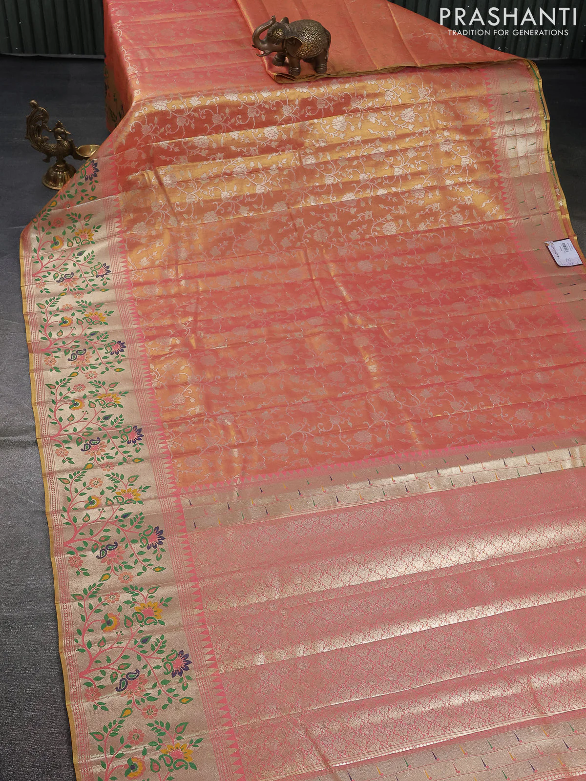 Tissue paithani saree dual shade of peach pink with allover floral zari weaves and zari woven paithani style border - Image 2