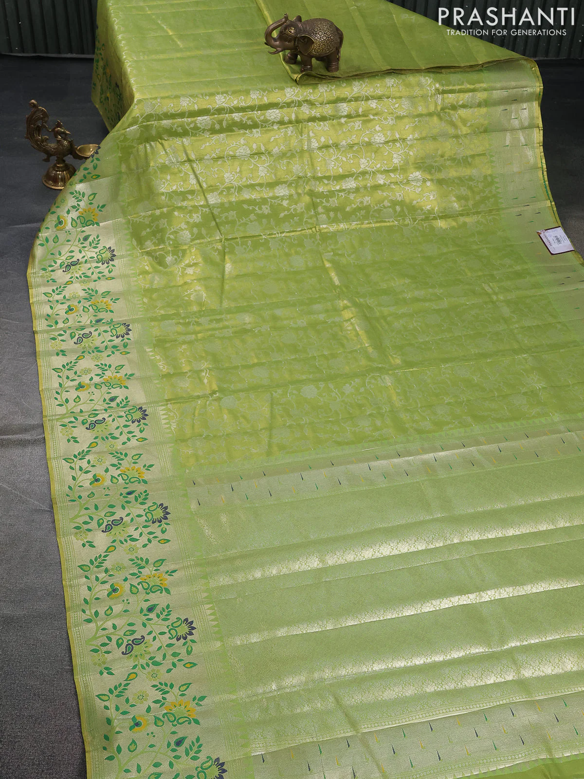 Tissue paithani saree light green with allover floral zari weaves and zari woven paithani style border - Image 2