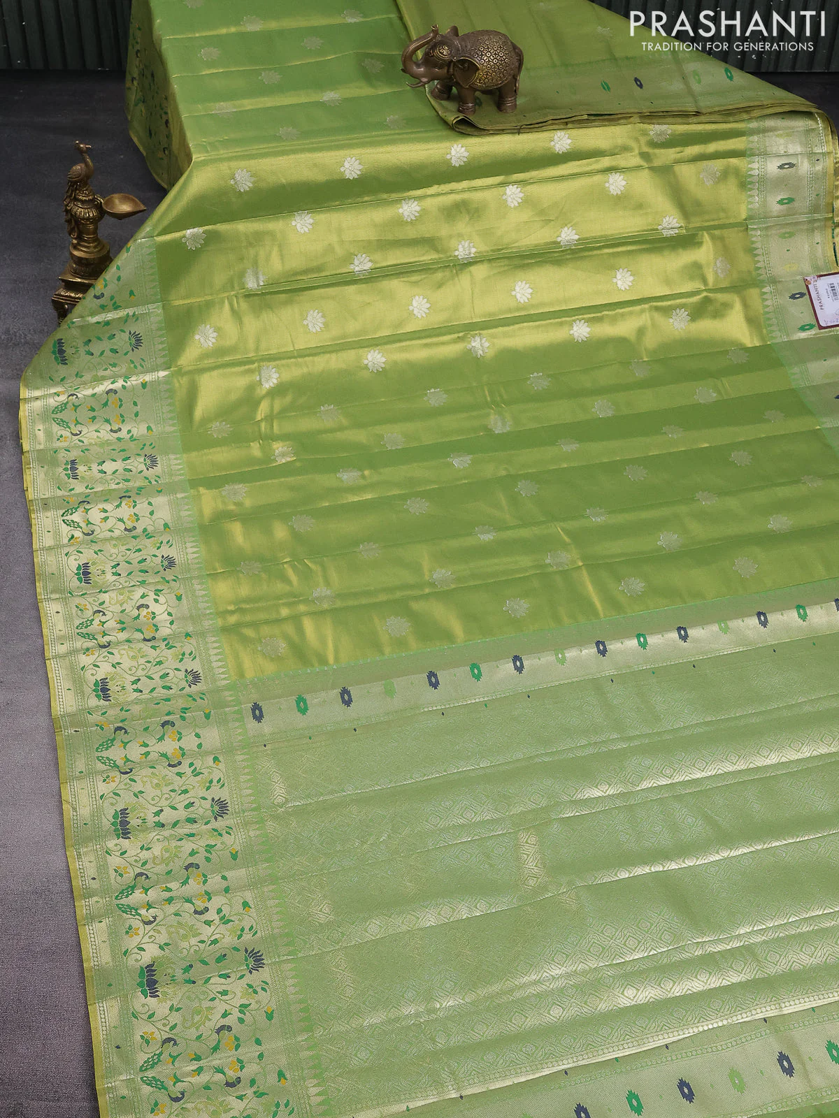 Tissue paithani saree light green with zari woven buttas and zari woven paithani style border - Image 2