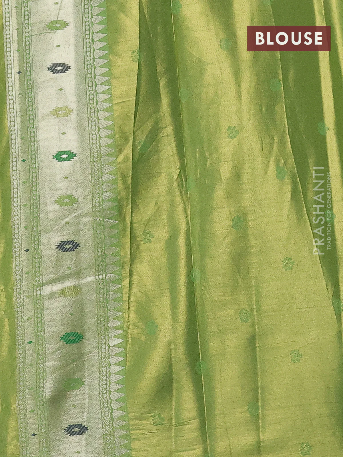 Tissue paithani saree light green with zari woven buttas and zari woven paithani style border - Image 3