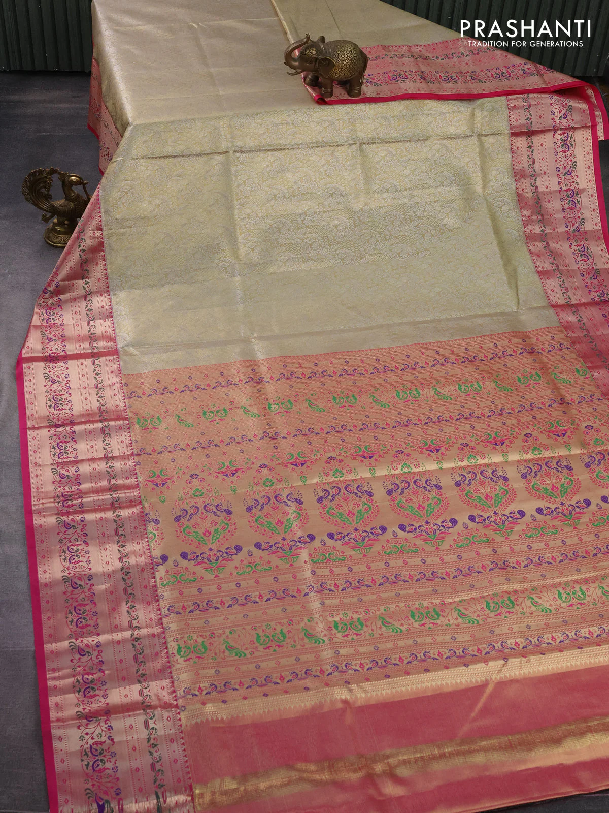 Tissue paithani silk saree beige and pink with allover silver zari woven brocade weaves and zari woven paithani style border - Image 2