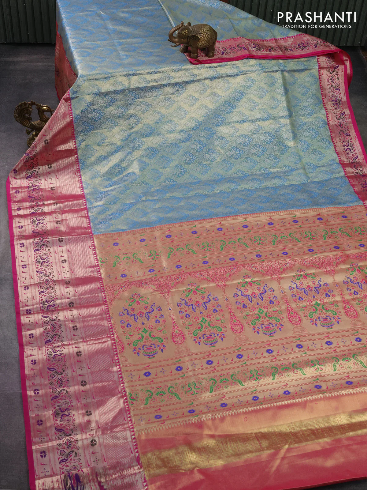 Tissue paithani silk saree blue and pink with allover silver zari woven brocade weaves and long zari woven paithani style border - Image 2