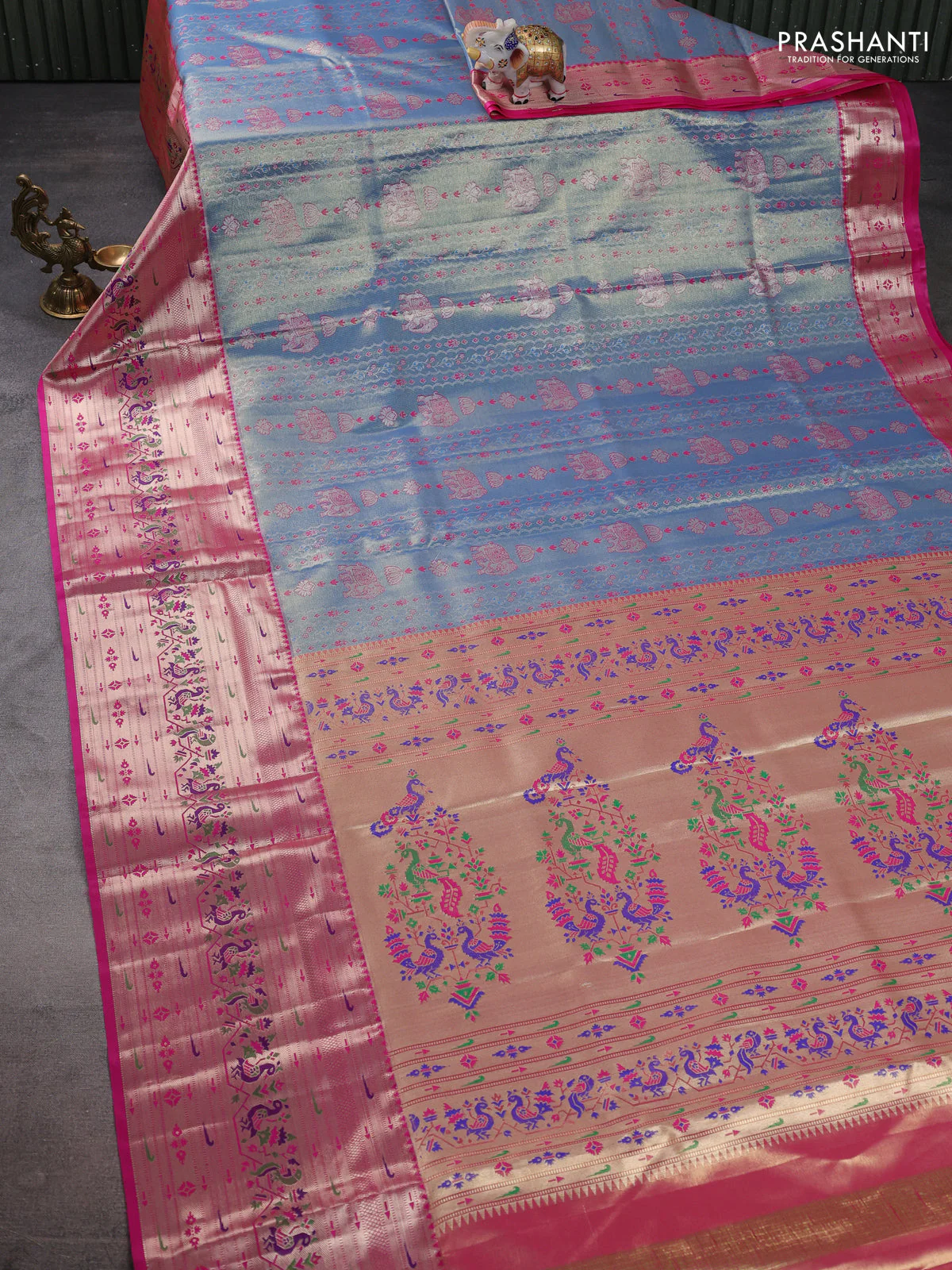 Tissue paithani silk saree blue and pink with allover zari woven brocade weaves and long zari woven paithani style border - Image 2