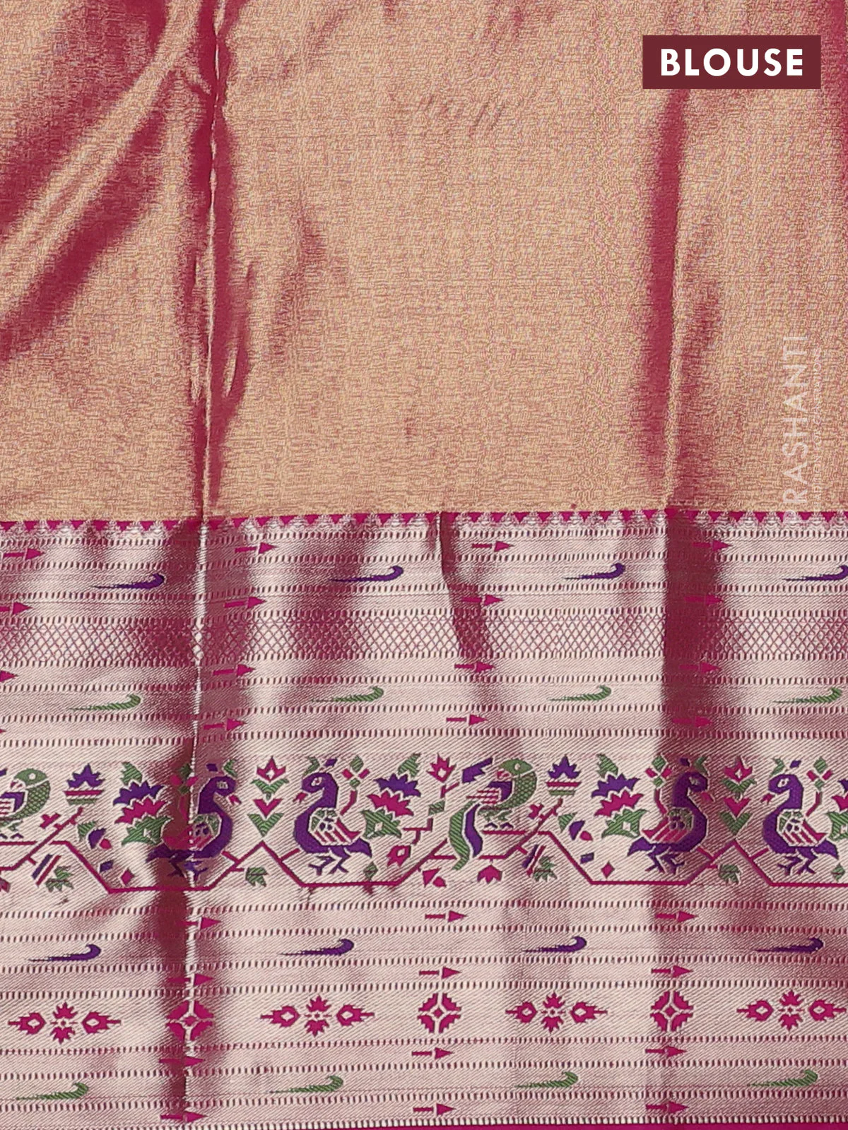 Tissue paithani silk saree blue and pink with allover zari woven brocade weaves and long zari woven paithani style border - Image 3