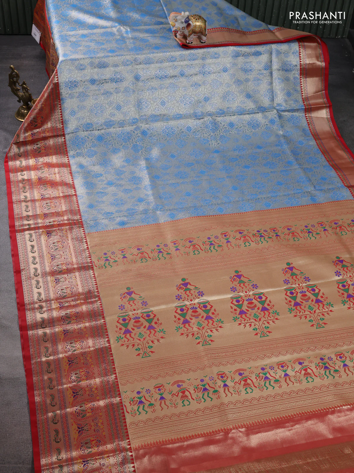 Tissue paithani silk saree blue and red with allover zari woven brocade weaves and long zari woven paithani style border - Image 2
