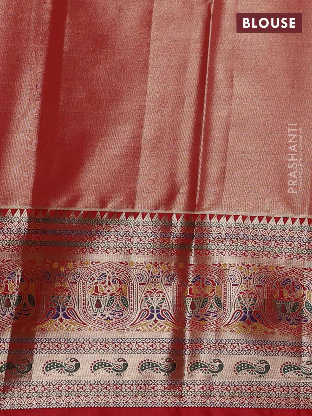 Tissue paithani silk saree blue and red with allover zari woven brocade weaves and long zari woven paithani style border - Image 3