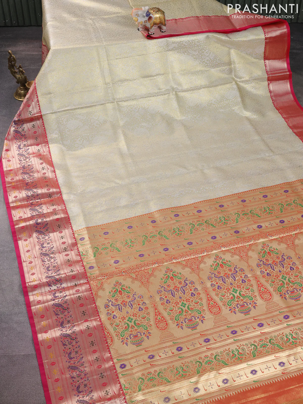 Tissue paithani silk saree cream and pink with allover silver zari woven brocade weaves and zari woven paithani style border - Image 2