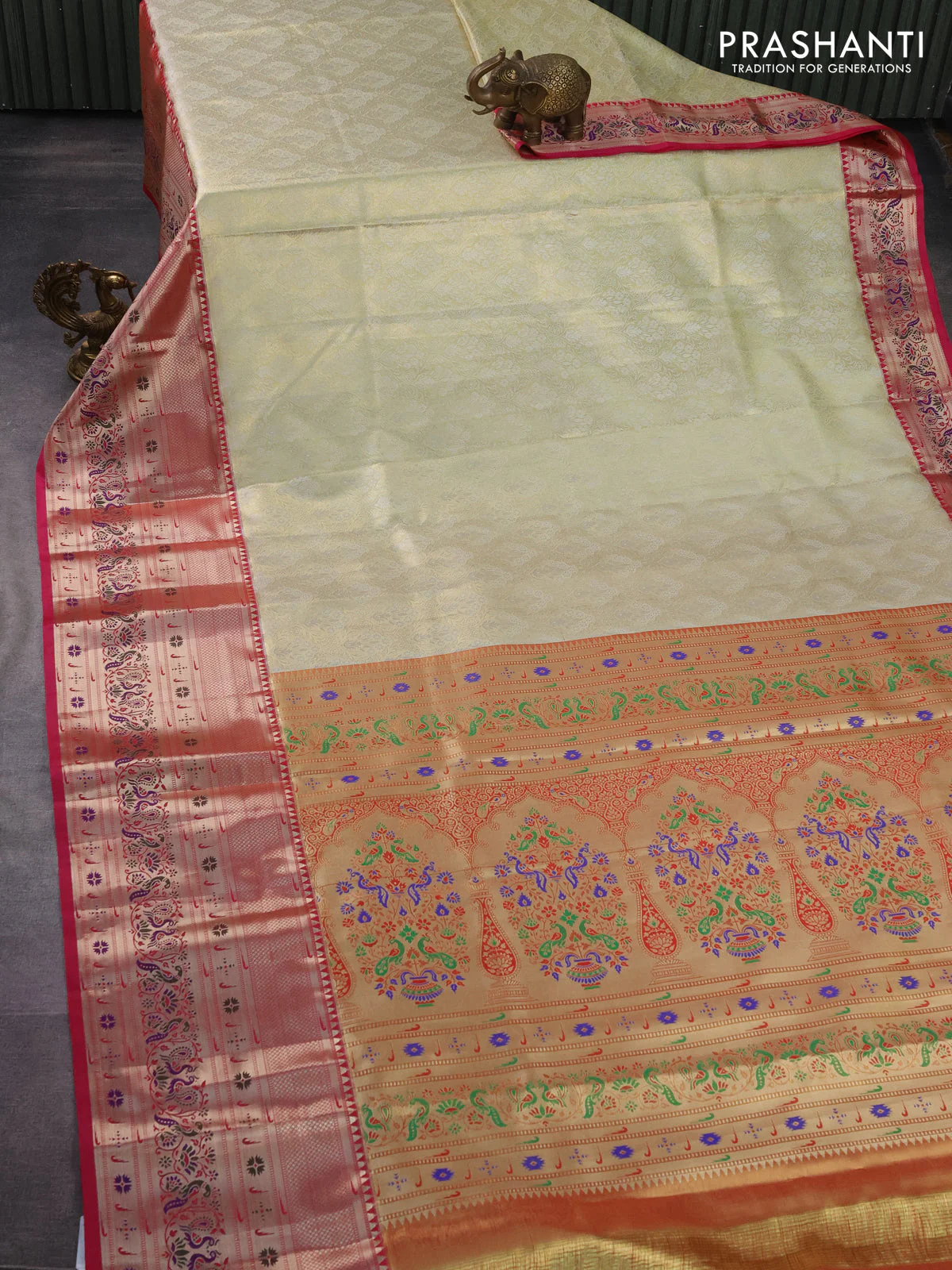 Tissue paithani silk saree cream and pink with allover zari woven brocade weaves and long zari woven paithani style border - Image 2
