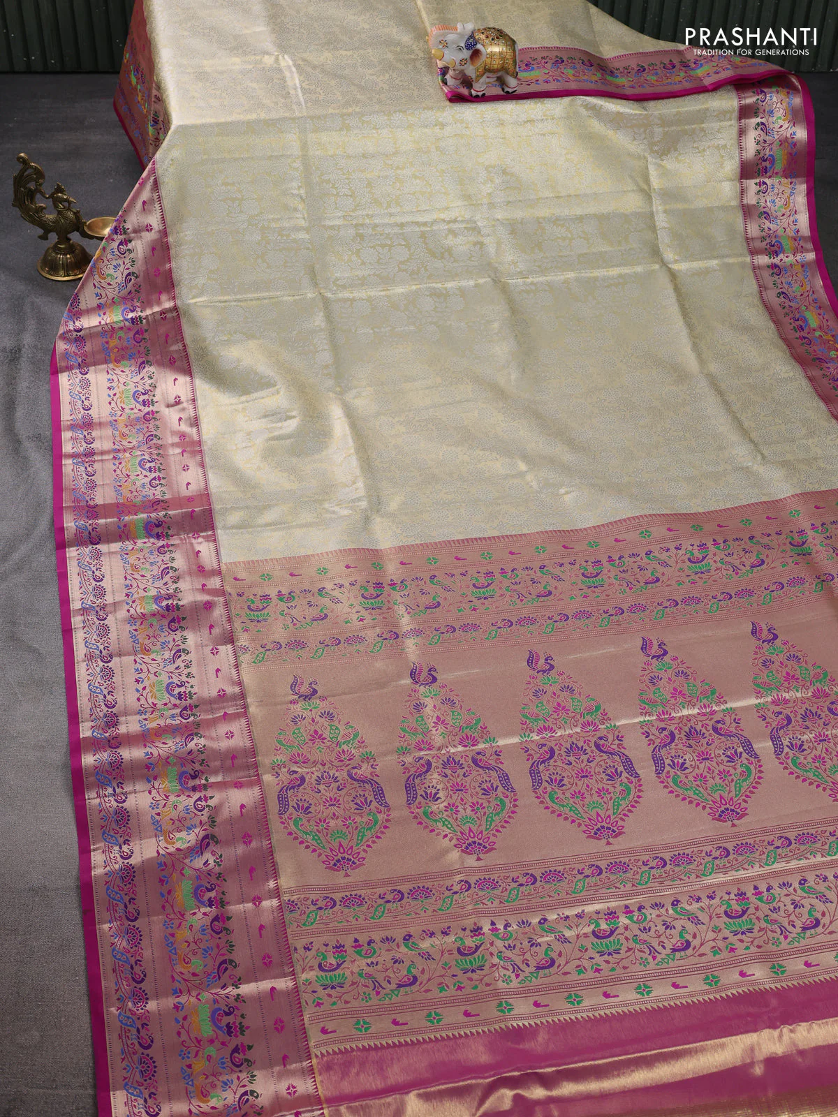 Tissue paithani silk saree cream and purple with allover silver zari woven brocade weaves and zari woven paithani style border - Image 2