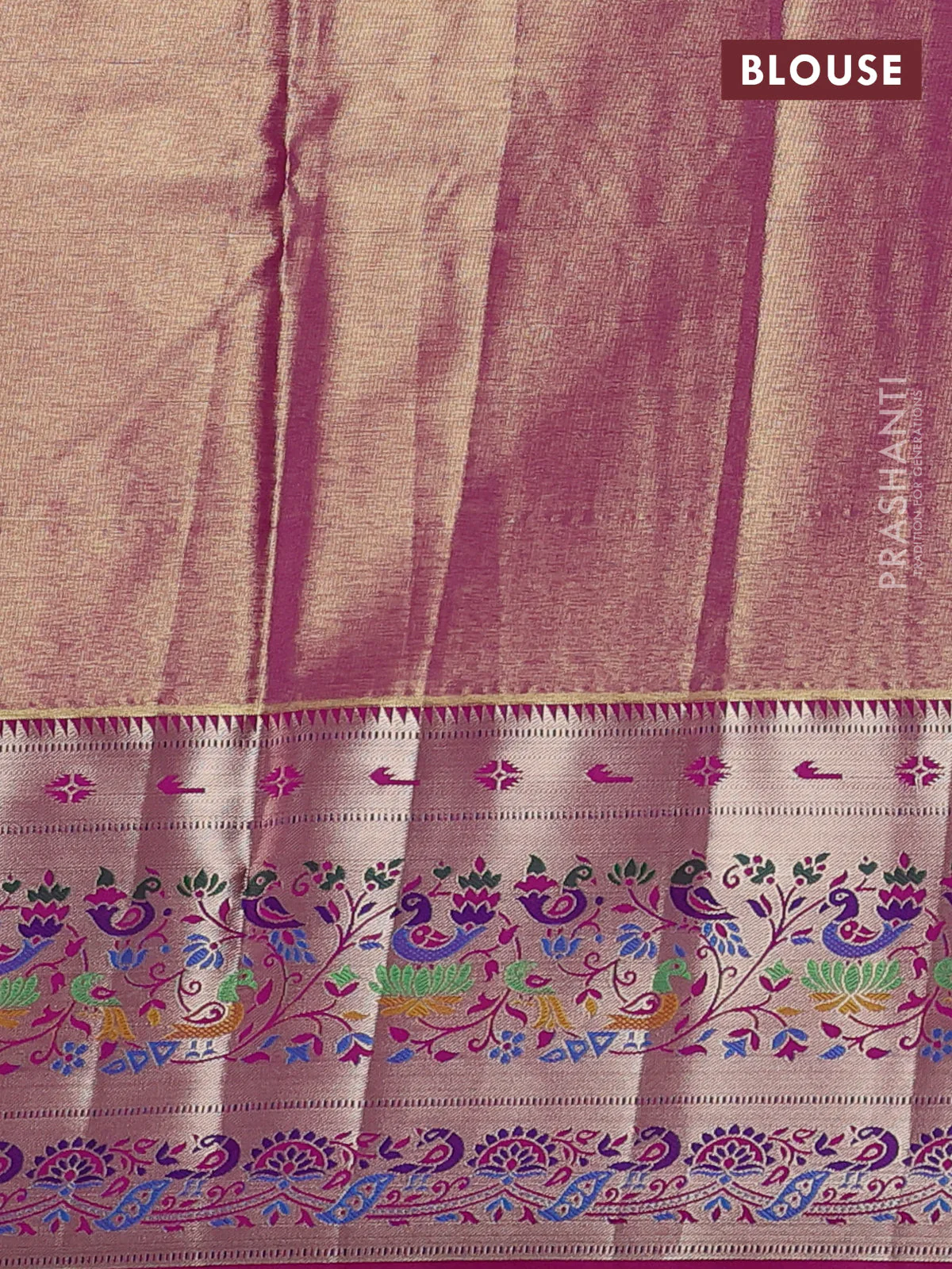 Tissue paithani silk saree cream and purple with allover silver zari woven brocade weaves and zari woven paithani style border - Image 3