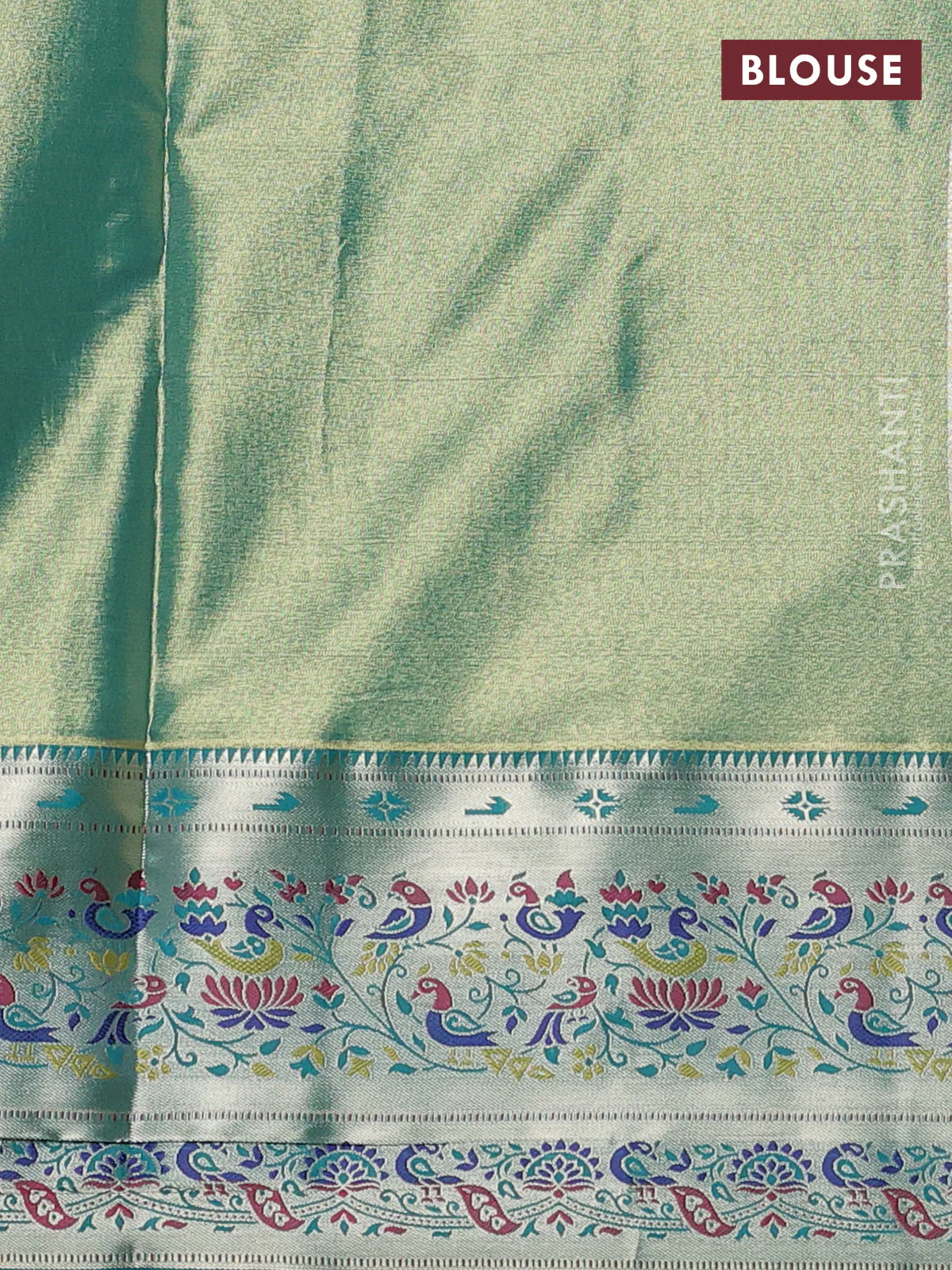 Tissue paithani silk saree cream and teal green with allover silver zari woven brocade weaves and zari woven paithani style border - Image 3
