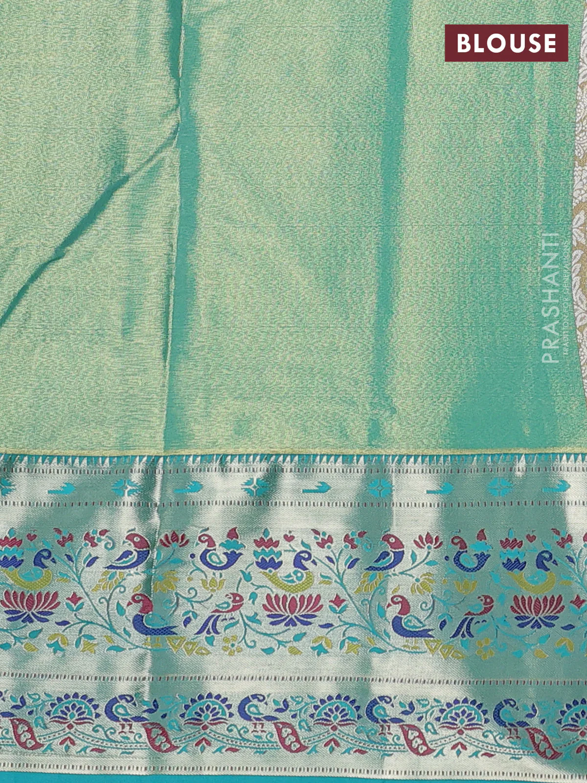 Tissue paithani silk saree cream and teal green with allover silver zari woven brocade weaves and zari woven paithani style border - Image 3