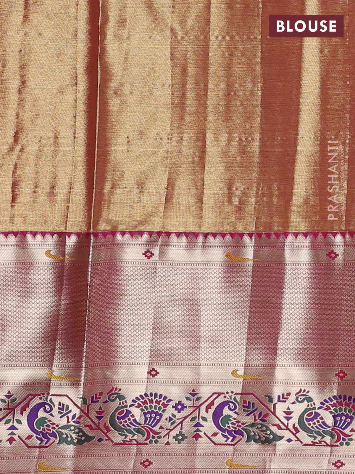 Tissue paithani silk saree dual shade of green and magenta pink with allover zari woven brocade weaves and long zari woven paithani style border - Image 3