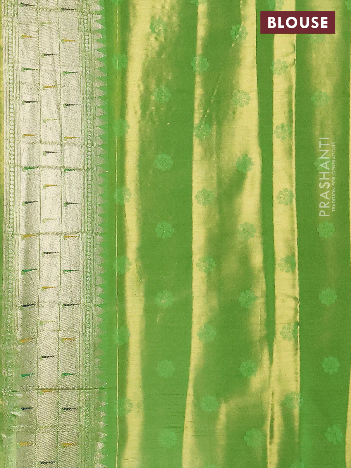 Tissue paithani silk saree dual shade of green with allover zari weaves and rich paithani border - Image 3