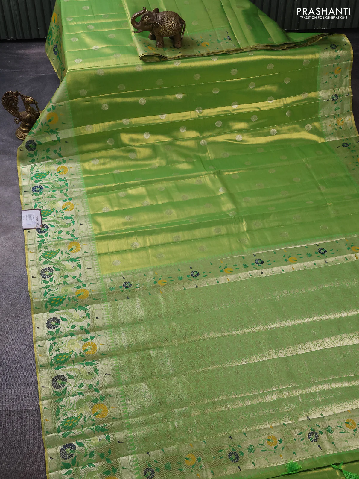Tissue paithani silk saree dual shade of green with zari woven buttas and rich paithani border - Image 2