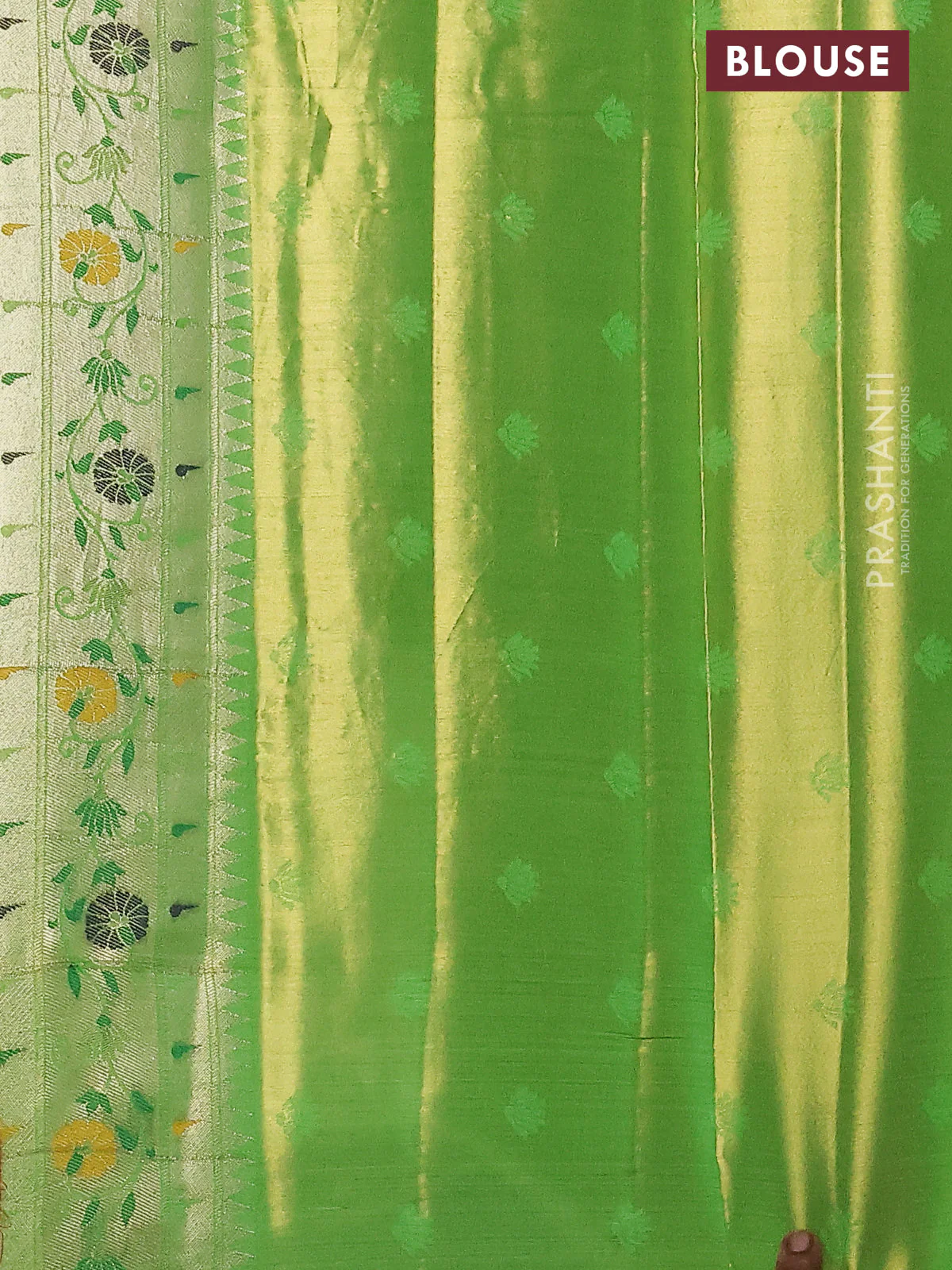 Tissue paithani silk saree dual shade of green with zari woven buttas and rich paithani border - Image 3