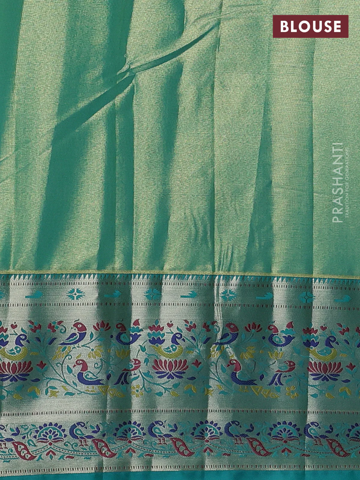 Tissue paithani silk saree dual shade of pale orange and teal blue with allover silver zari woven brocade weaves and zari woven paithani style border - Image 3