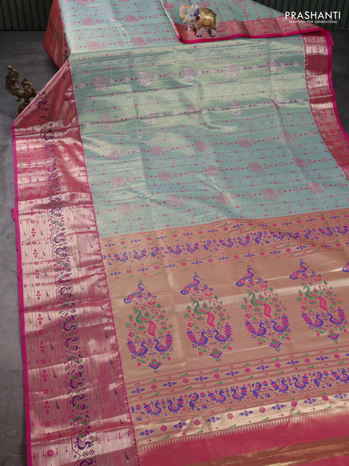 Tissue paithani silk saree dual shade of pastel blue and pink with allover silver zari woven brocade weaves and long zari woven paithani style border - Image 2