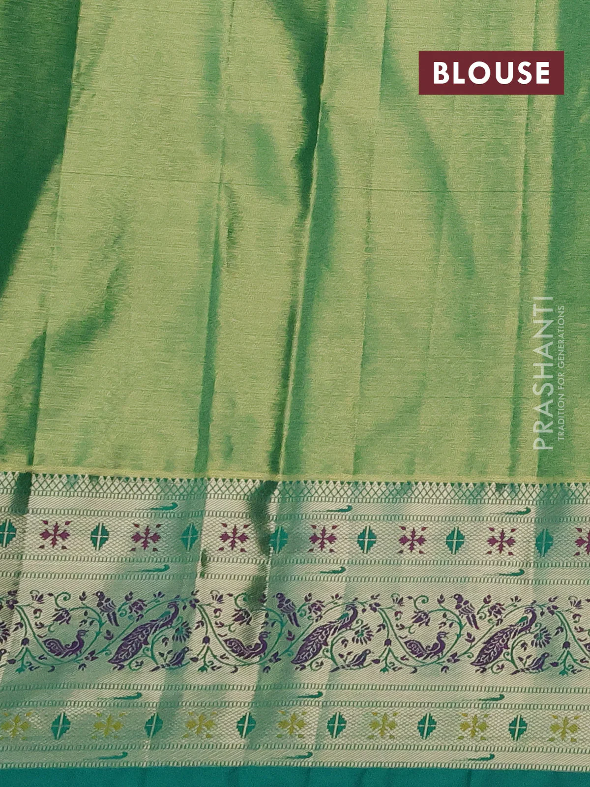 Tissue paithani silk saree dual shade of pastel grey and teal green with allover silver zari woven brocade weaves and zari woven paithani style border - Image 3