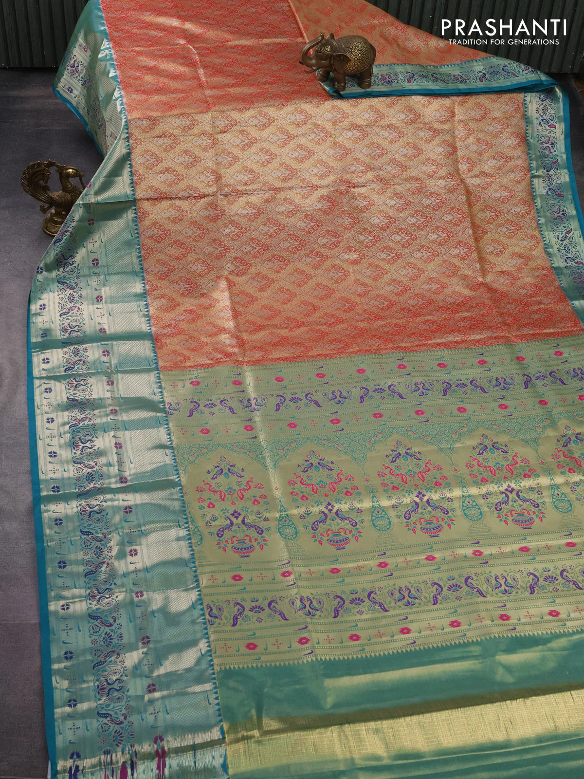 Tissue paithani silk saree dual shade of reddish gold and teal green with allover zari woven brocade weaves and long zari woven paithani style border - Image 2