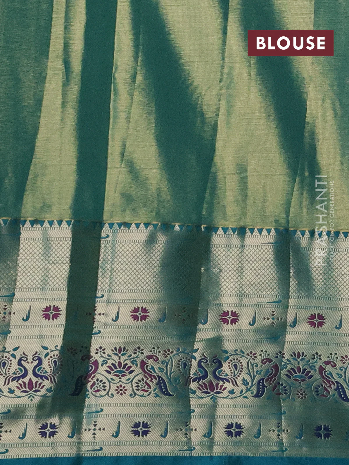 Tissue paithani silk saree dual shade of reddish gold and teal green with allover zari woven brocade weaves and long zari woven paithani style border - Image 3
